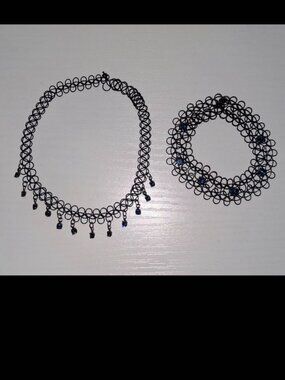 Black Tattoo Choker Necklace & Bracelet Set with Blue Crystal Accents Y2K Goth